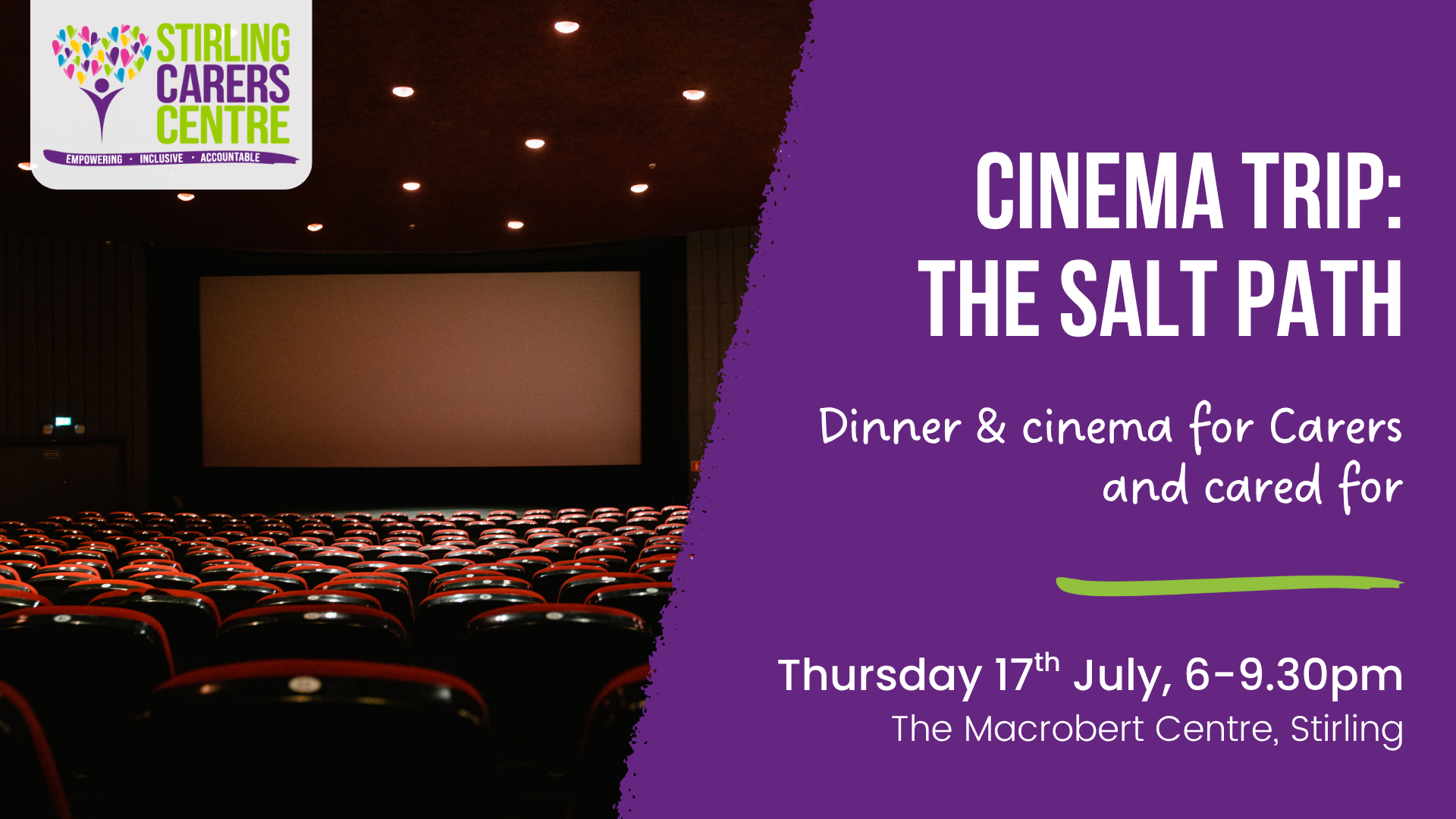 Cinema Trip Web A cinema with empty red seats faces a screen displaying an advertisement for a carers' dinner and film night in Stirling.