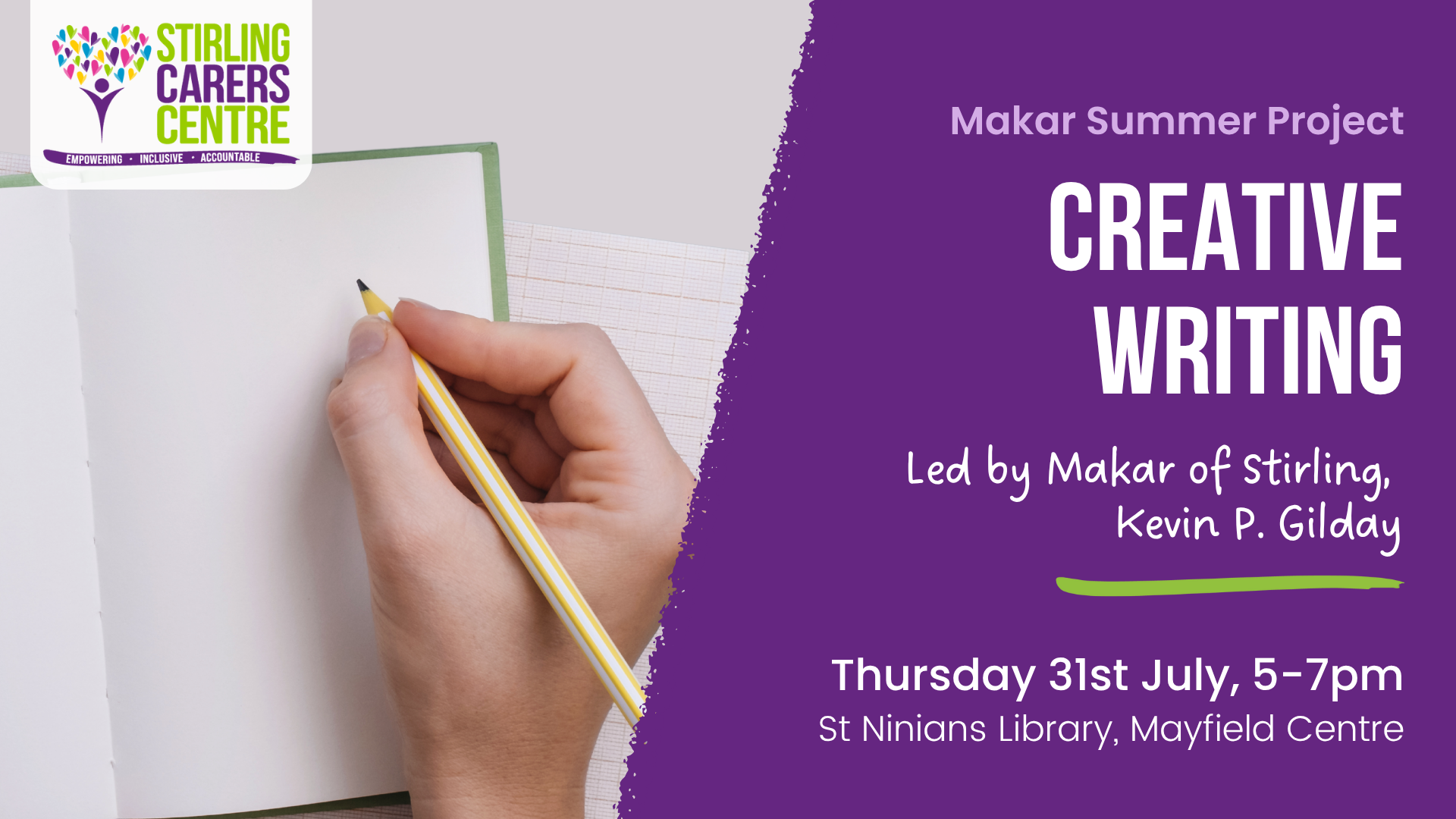 A hand writes in a notebook while event details for a creative writing workshop appear on a purple background.