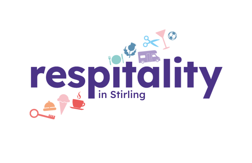 Text respitality in Stirling with icons of food, drink, a truck, scissors, and a key arranged above the text.