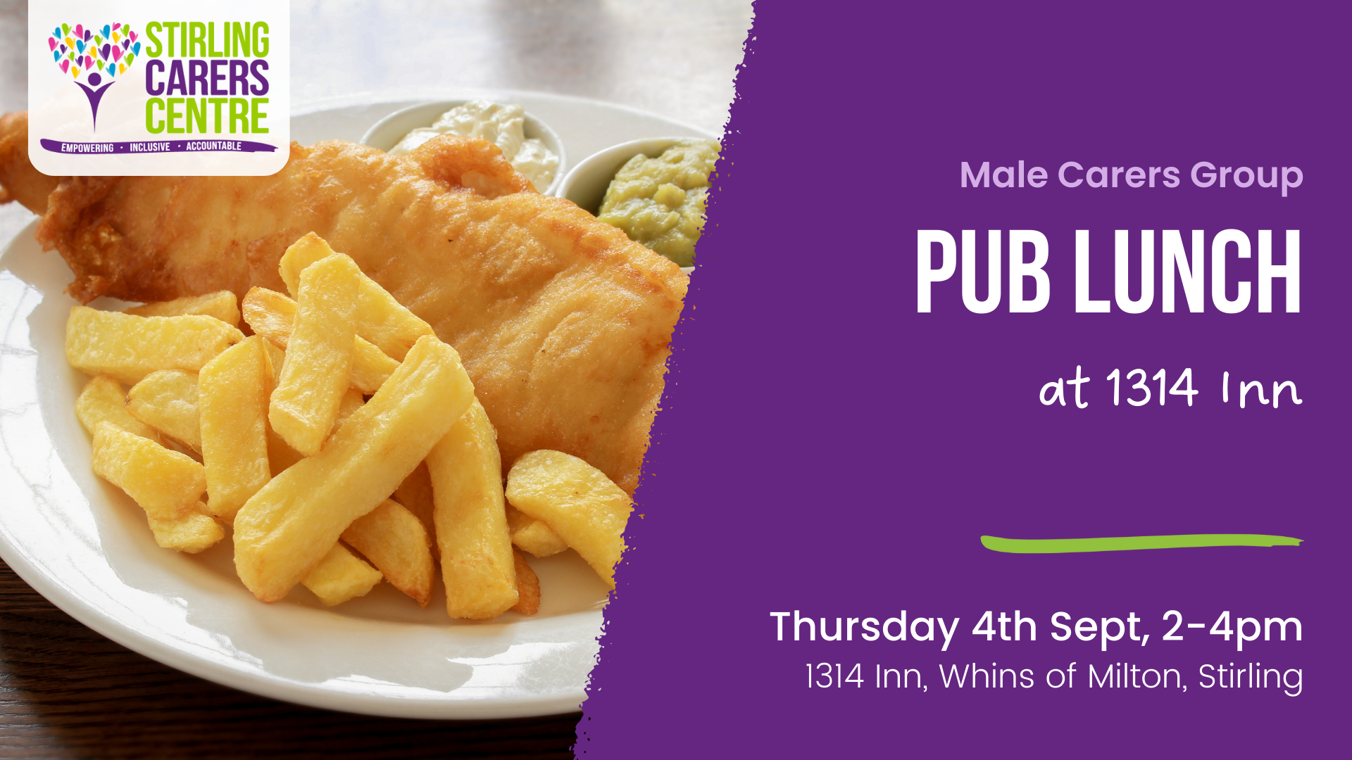 Fish and chips with mushy peas on a plate, advertising a male carers pub lunch event at Stirling Carers Centre.