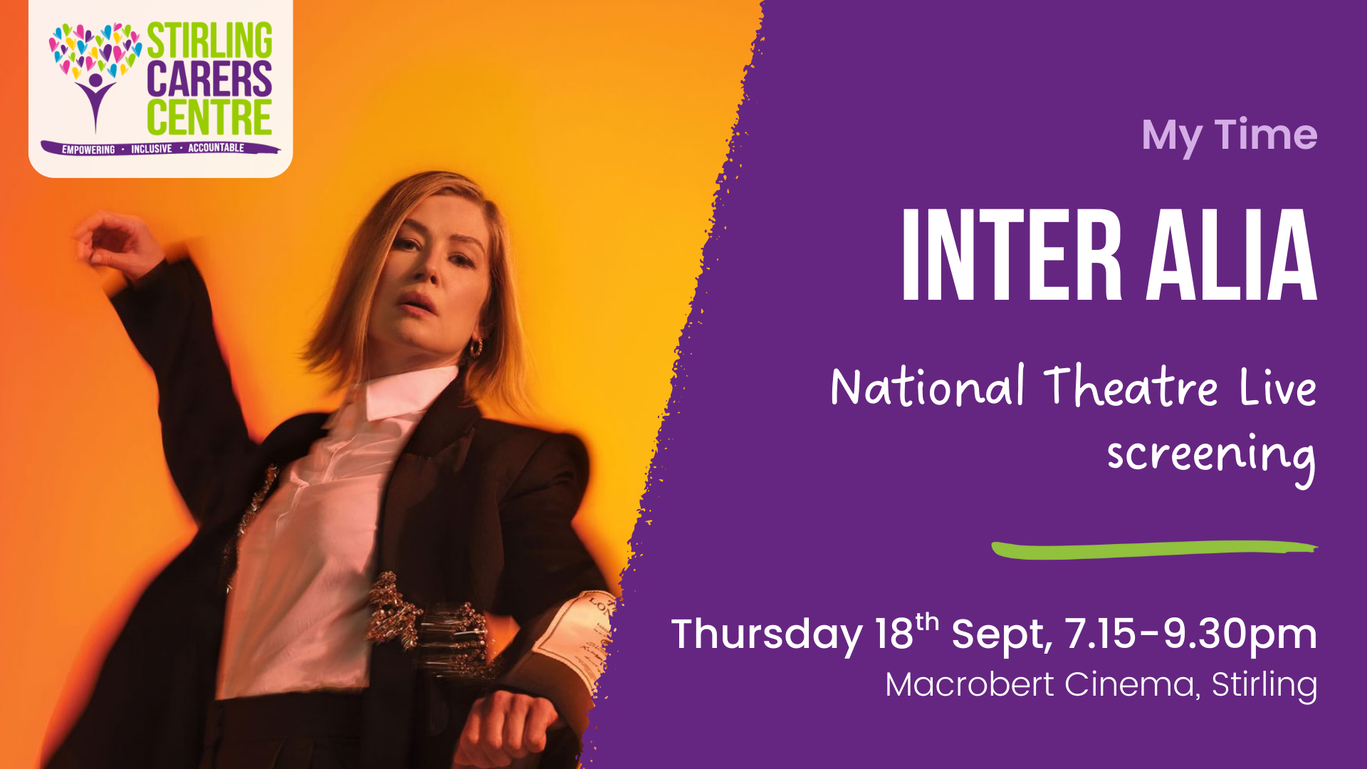 My Time Inter Alia A woman in a suit is featured on a purple-background poster with event details for the "Inter Alia" screening.
