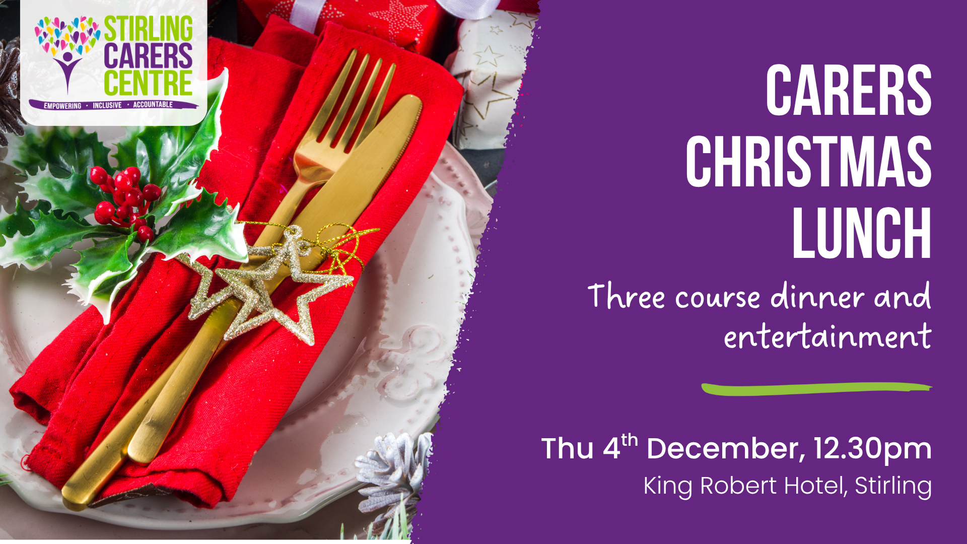 Christmas Lunch A festive table setting with a red napkin and gold cutlery sits next to text advertising a carers’ Christmas lunch in Stirling.