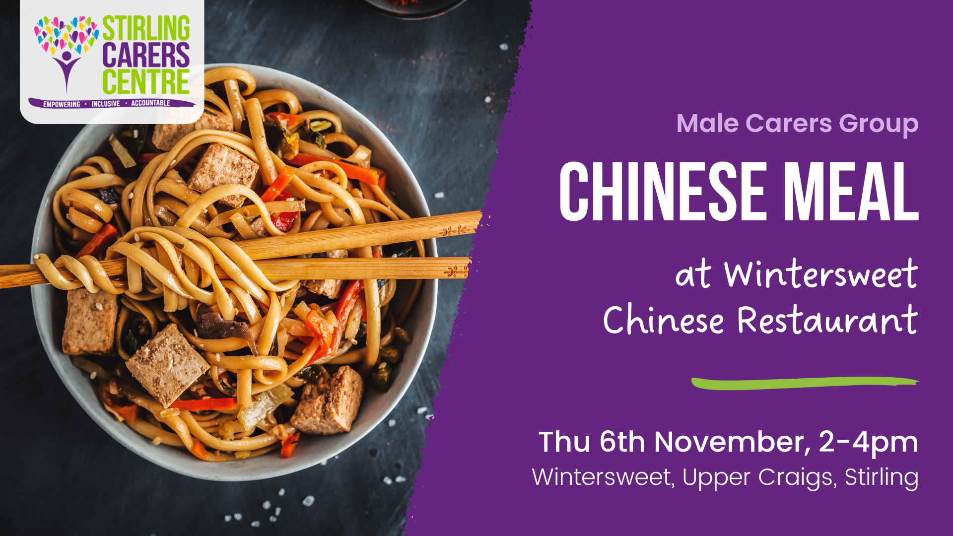 Male Carers Group – November Chinese A bowl of stir-fried noodles sits next to event details for a male carers' Chinese meal at Wintersweet Restaurant.
